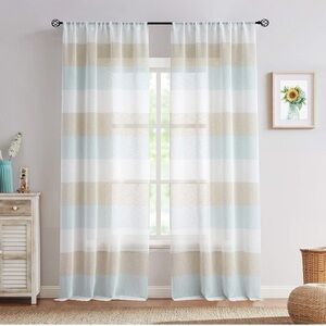 Spa Blue and Tan Stripe Sheer Curtains Coastal Color Block 40" Wx84 Lx2 Panels